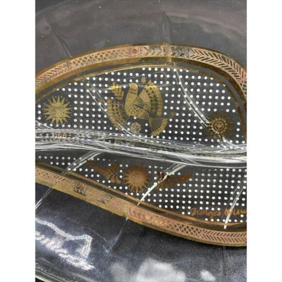 Vintage Georges Briard leaf Shaped Glass Relish Dish With Gold Designs MCM - Picture 6 of 12